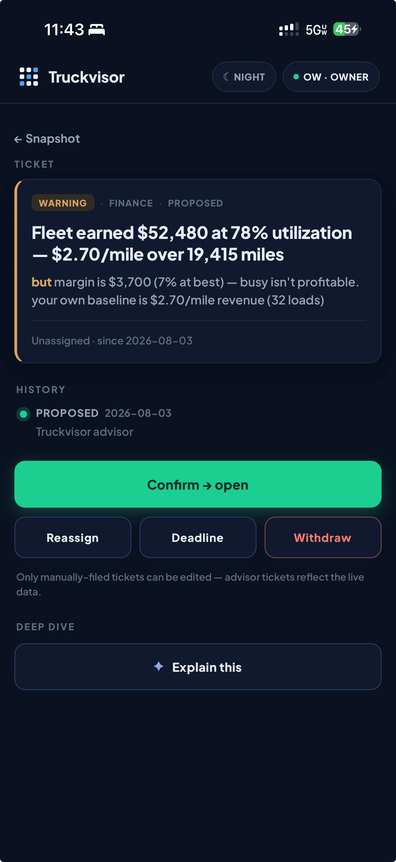 Finance warning ticket showing fleet earnings against margin